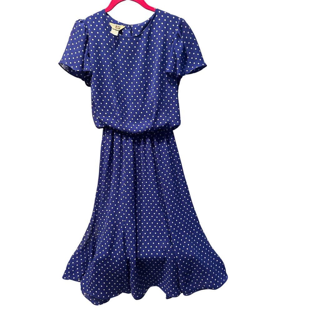 Sears Blue w/ White Polka Dot Dress womens Sz 6 Vtg whimsical 80s dress up party